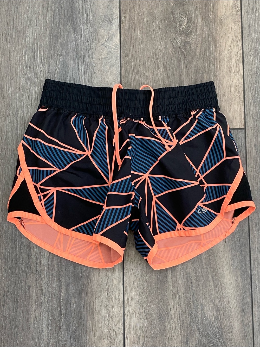 Champion Black Athletic Shorts with Coral & Blue Geometric Print